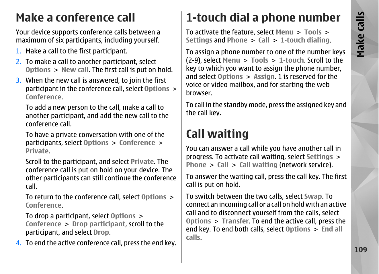 Make a conference call, Touch dial a phone number, Call waiting | Make call s | Nokia N86 8MP User Manual | Page 109 / 168