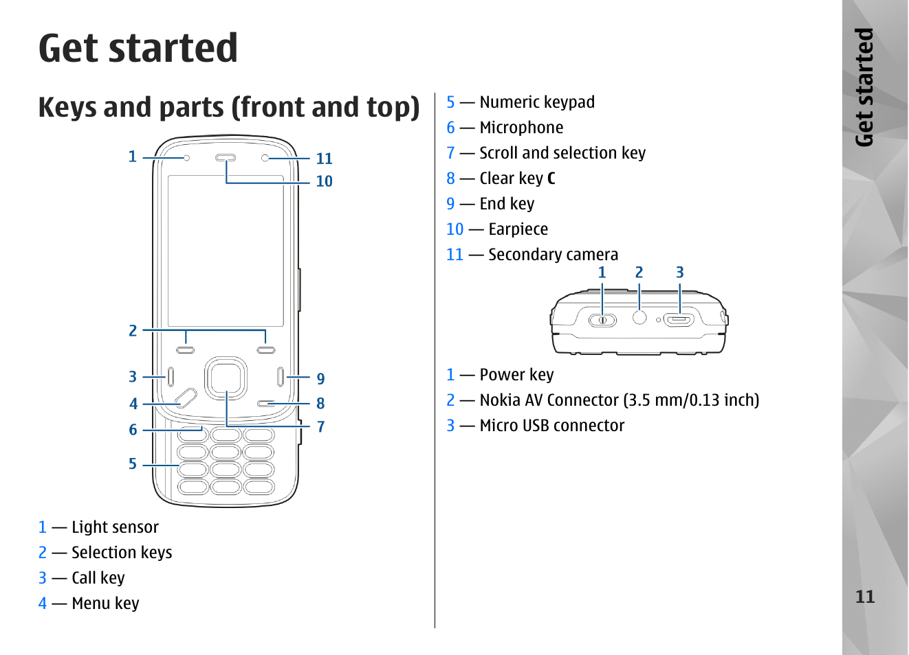 Get started, Keys and parts (front and top) | Nokia N86 8MP User Manual | Page 11 / 168