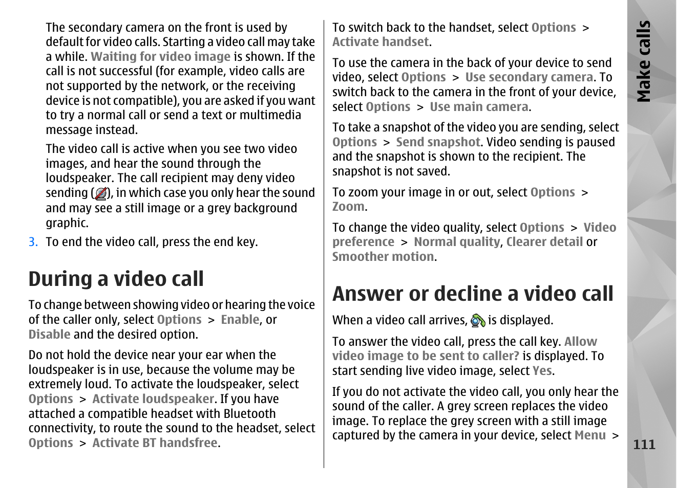 During a video call, Answer or decline a video call, Make call s | Nokia N86 8MP User Manual | Page 111 / 168