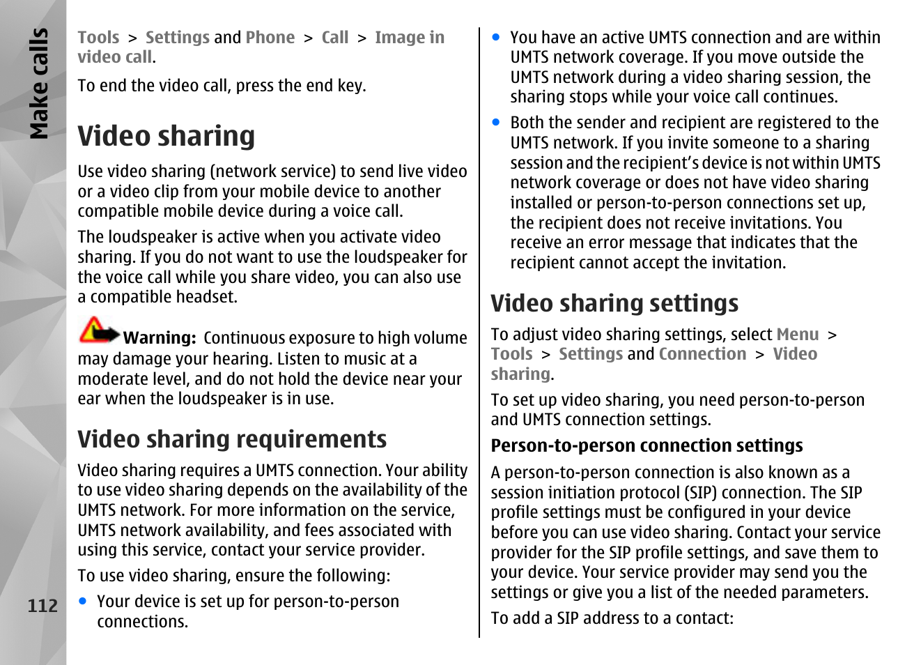 Video sharing, Video sharing requirements, Video sharing settings | Make call s | Nokia N86 8MP User Manual | Page 112 / 168