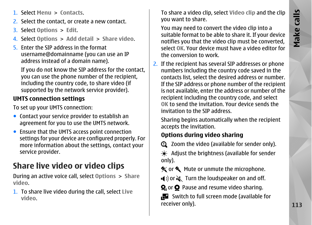 Share live video or video clips, Make call s | Nokia N86 8MP User Manual | Page 113 / 168