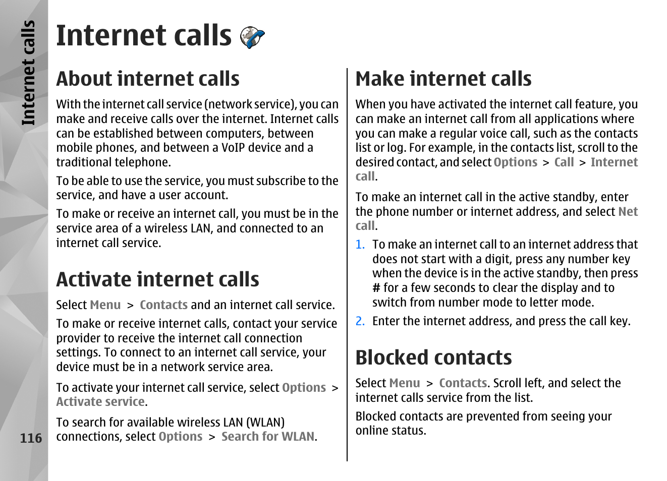 Internet calls, About internet calls, Activate internet calls | Make internet calls, Blocked contacts | Nokia N86 8MP User Manual | Page 116 / 168