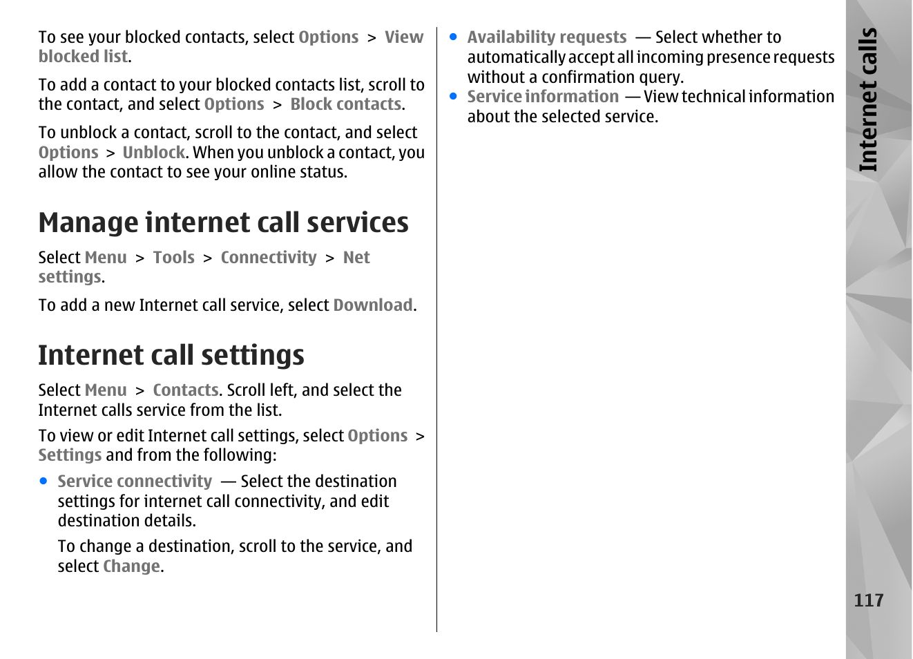 Manage internet call services, Internet call settings, Internet calls | Nokia N86 8MP User Manual | Page 117 / 168