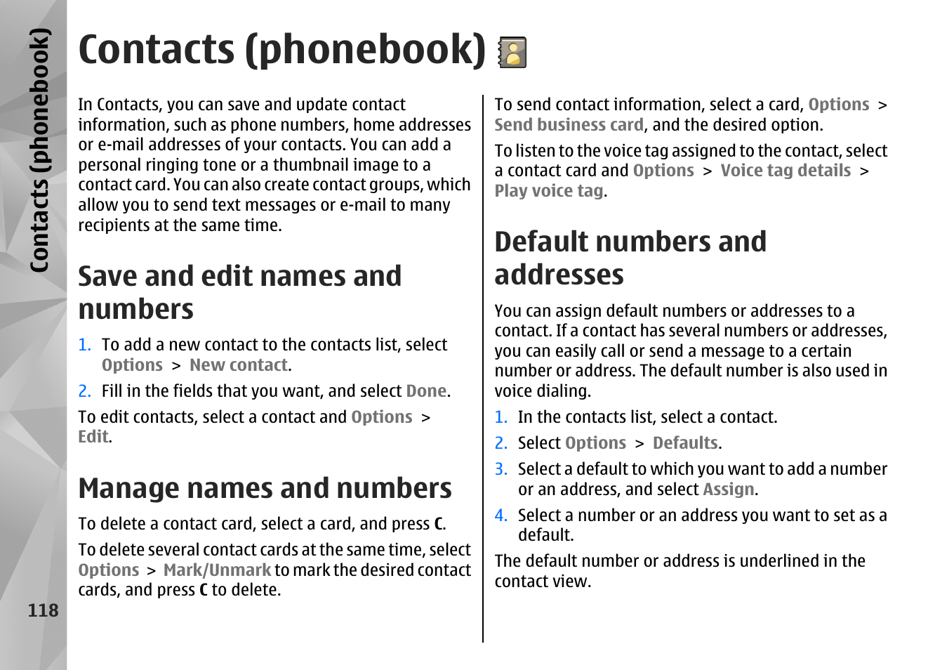 Contacts (phonebook), Save and edit names and numbers, Manage names and numbers | Default numbers and addresses, Contacts (phone boo k) | Nokia N86 8MP User Manual | Page 118 / 168