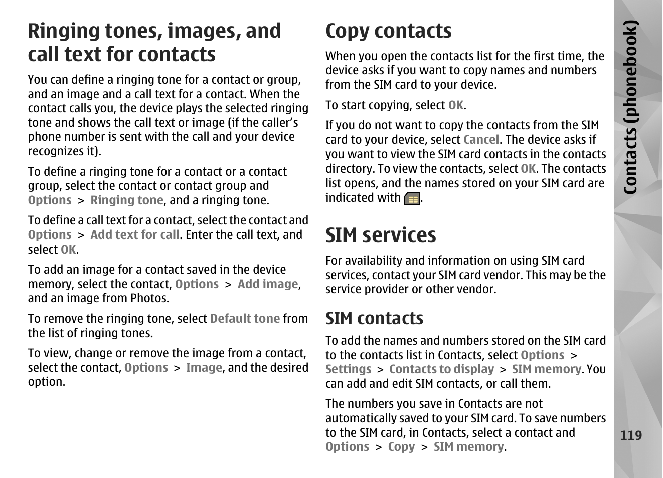 Ringing tones, images, and call text for contacts, Copy contacts, Sim services | Sim contacts, Contacts (phone boo k) | Nokia N86 8MP User Manual | Page 119 / 168