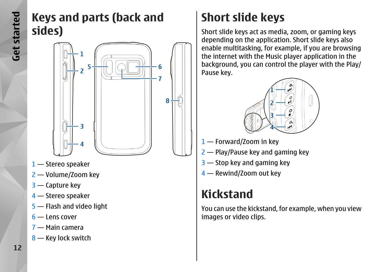 Keys and parts (back and sides), Short slide keys, Kickstand | Get started | Nokia N86 8MP User Manual | Page 12 / 168