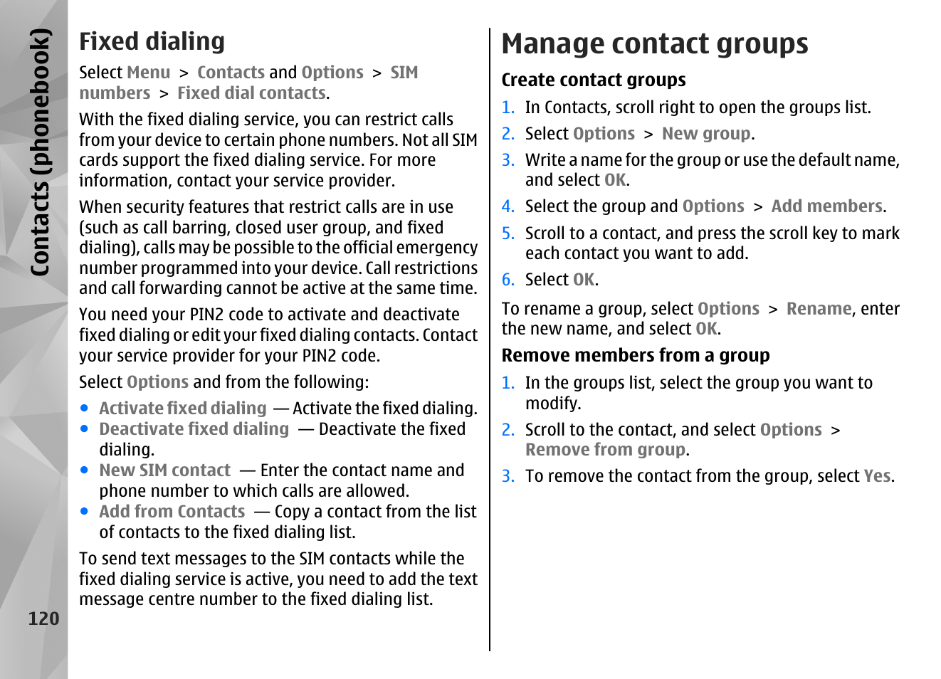Fixed dialing, Manage contact groups, Contacts (phone boo k) | Nokia N86 8MP User Manual | Page 120 / 168
