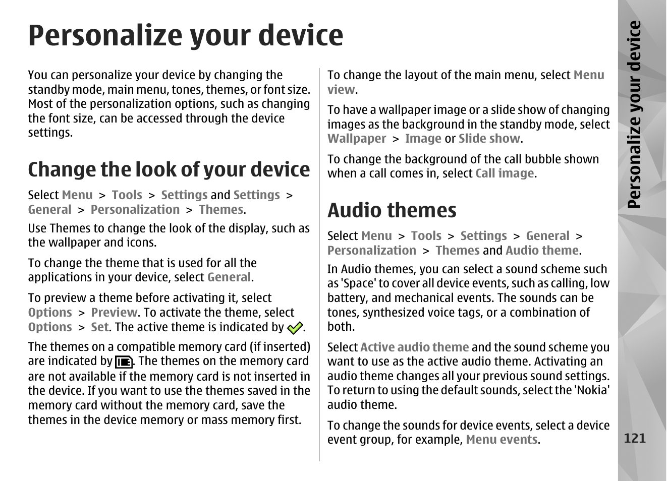 Personalize your device, Change the look of your device, Audio themes | Nokia N86 8MP User Manual | Page 121 / 168