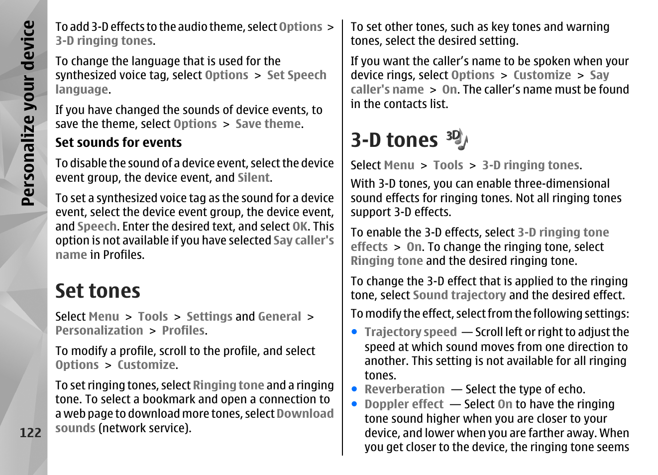 Set tones, D tones, Personalize your device | Nokia N86 8MP User Manual | Page 122 / 168