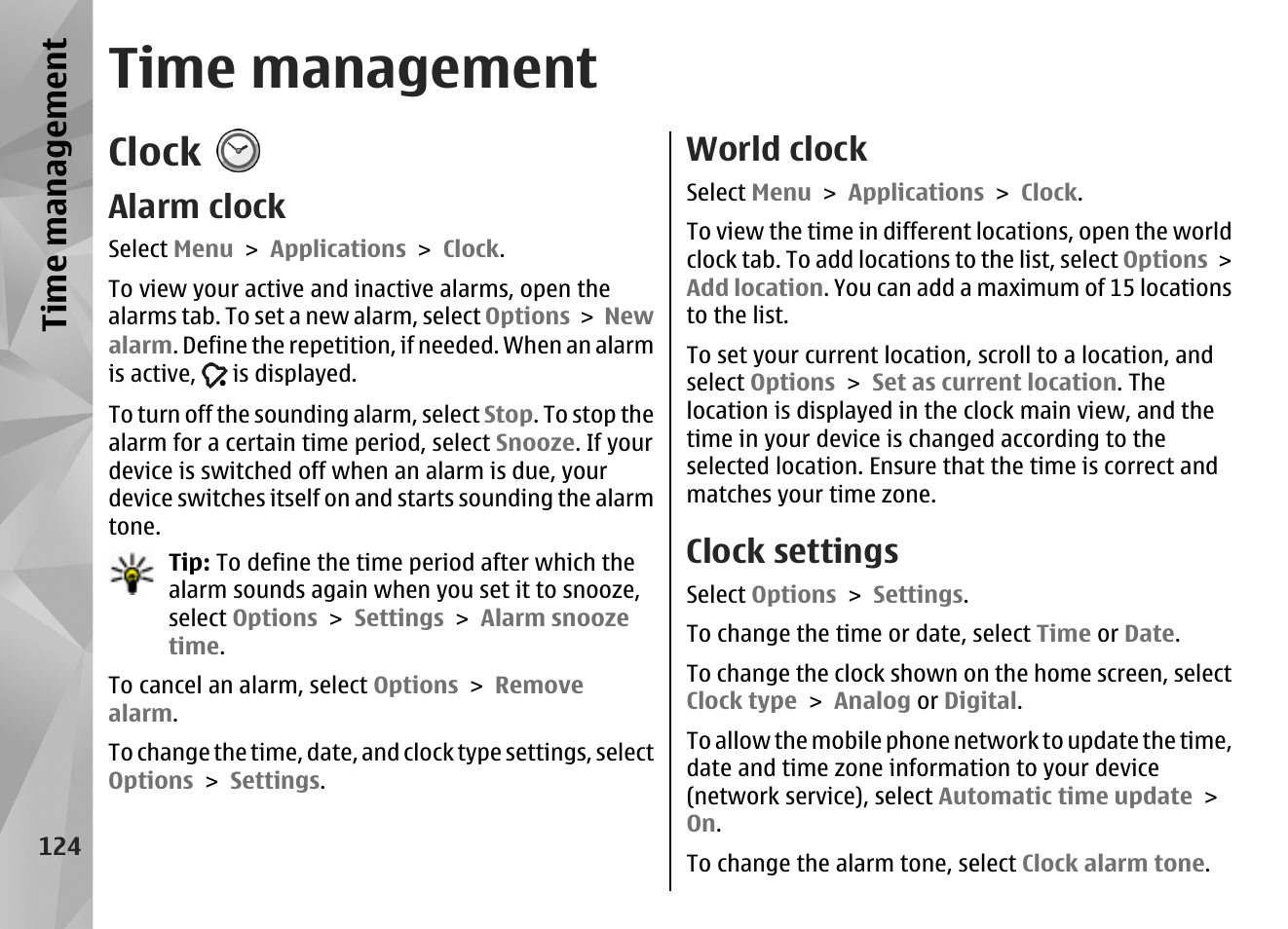 Time management, Clock, Alarm clock | World clock, Clock settings, Ti me ma nag eme nt | Nokia N86 8MP User Manual | Page 124 / 168