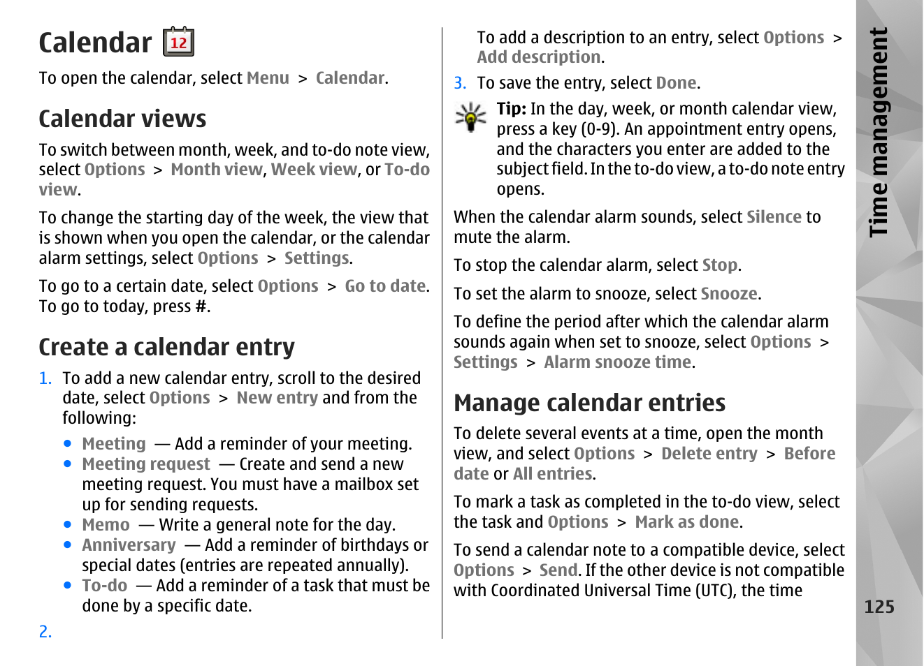 Calendar, Calendar views, Create a calendar entry | Manage calendar entries, Ti me ma nag eme nt | Nokia N86 8MP User Manual | Page 125 / 168