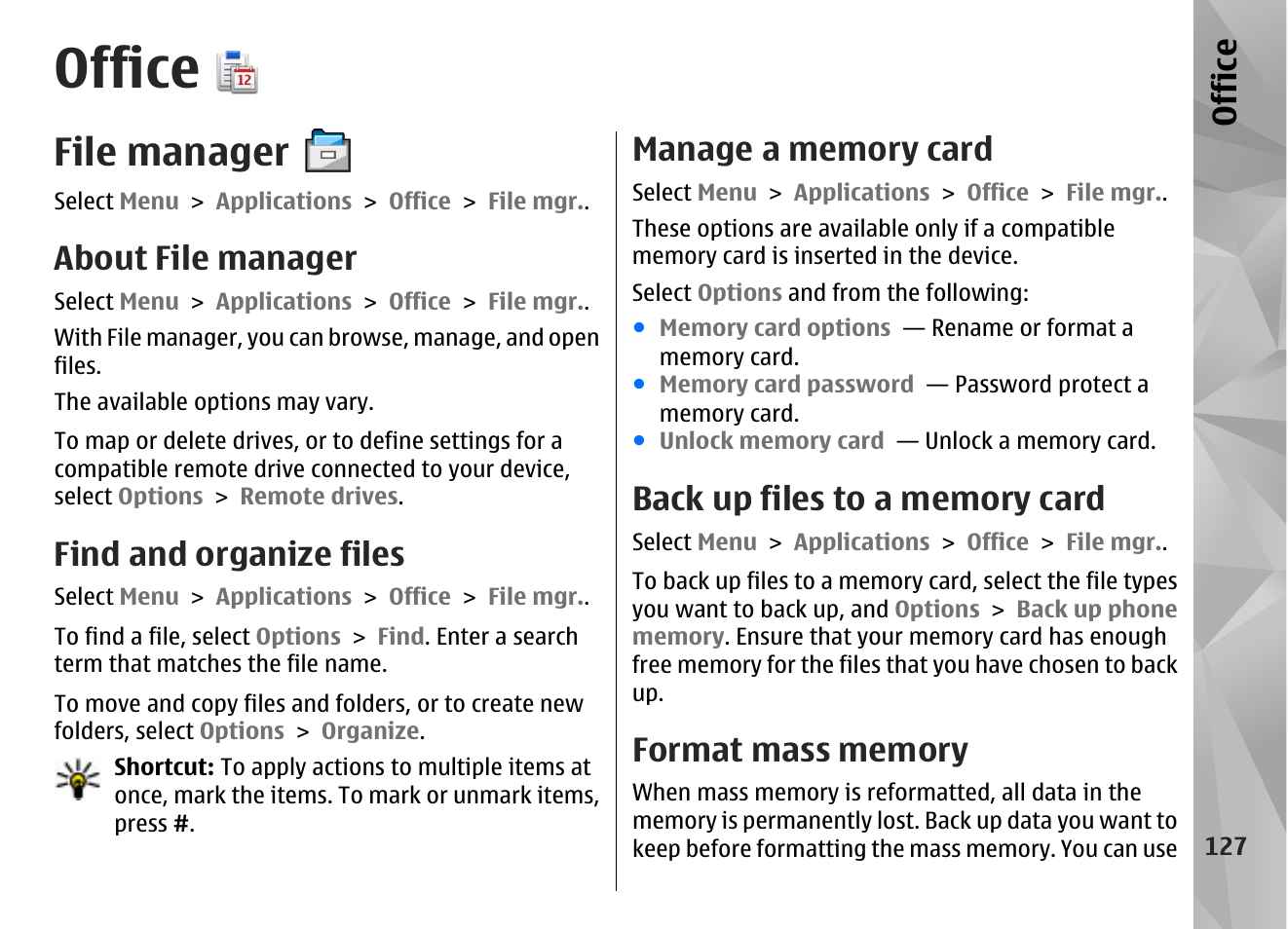 Office, File manager, About file manager | Find and organize files, Manage a memory card, Back up files to a memory card, Format mass memory | Nokia N86 8MP User Manual | Page 127 / 168