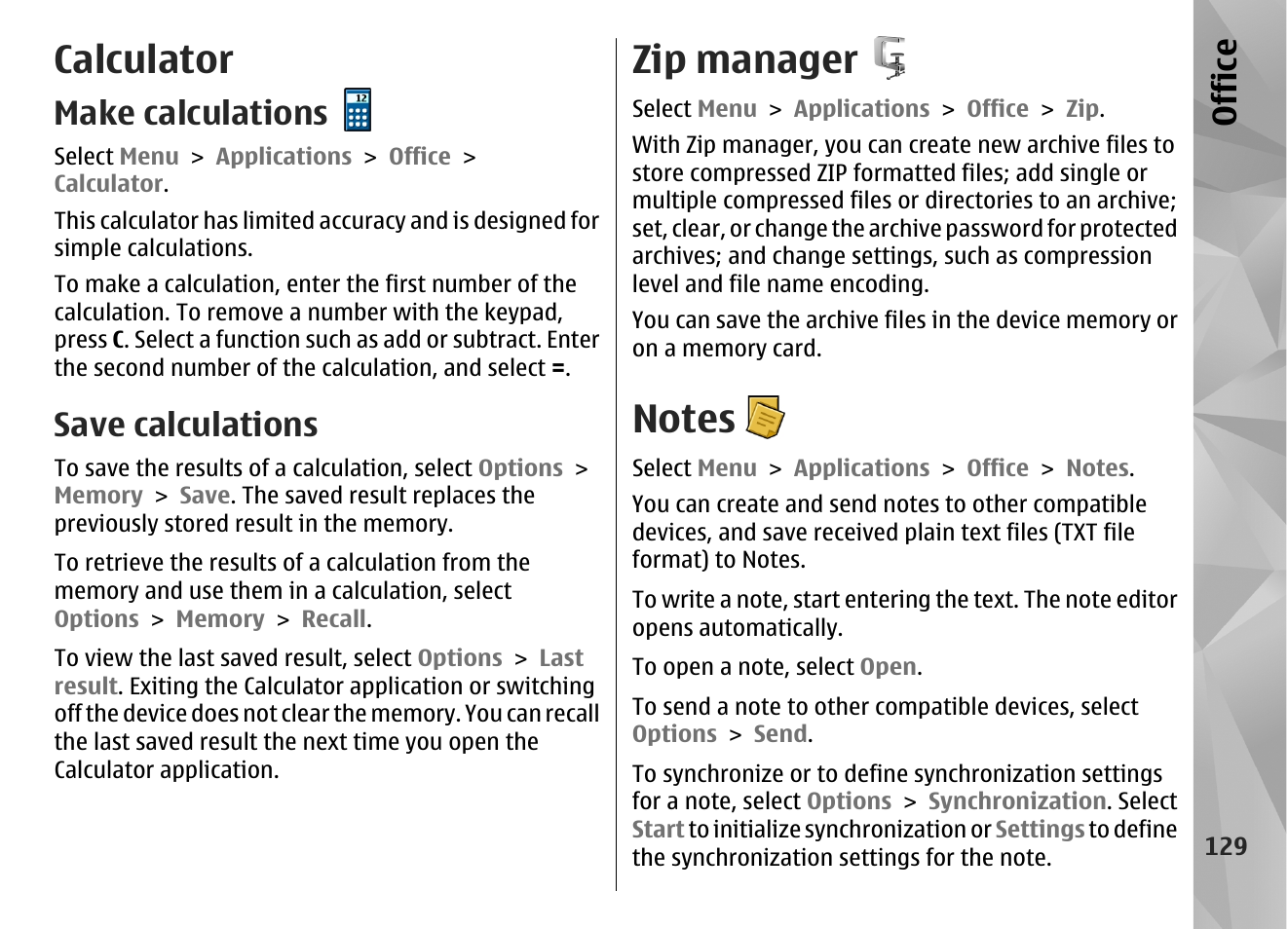 Calculator, Make calculations, Save calculations | Zip manager, Notes, Office | Nokia N86 8MP User Manual | Page 129 / 168