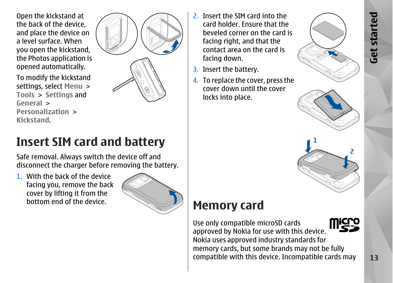 Insert sim card and battery, Memory card, Get started | Nokia N86 8MP User Manual | Page 13 / 168