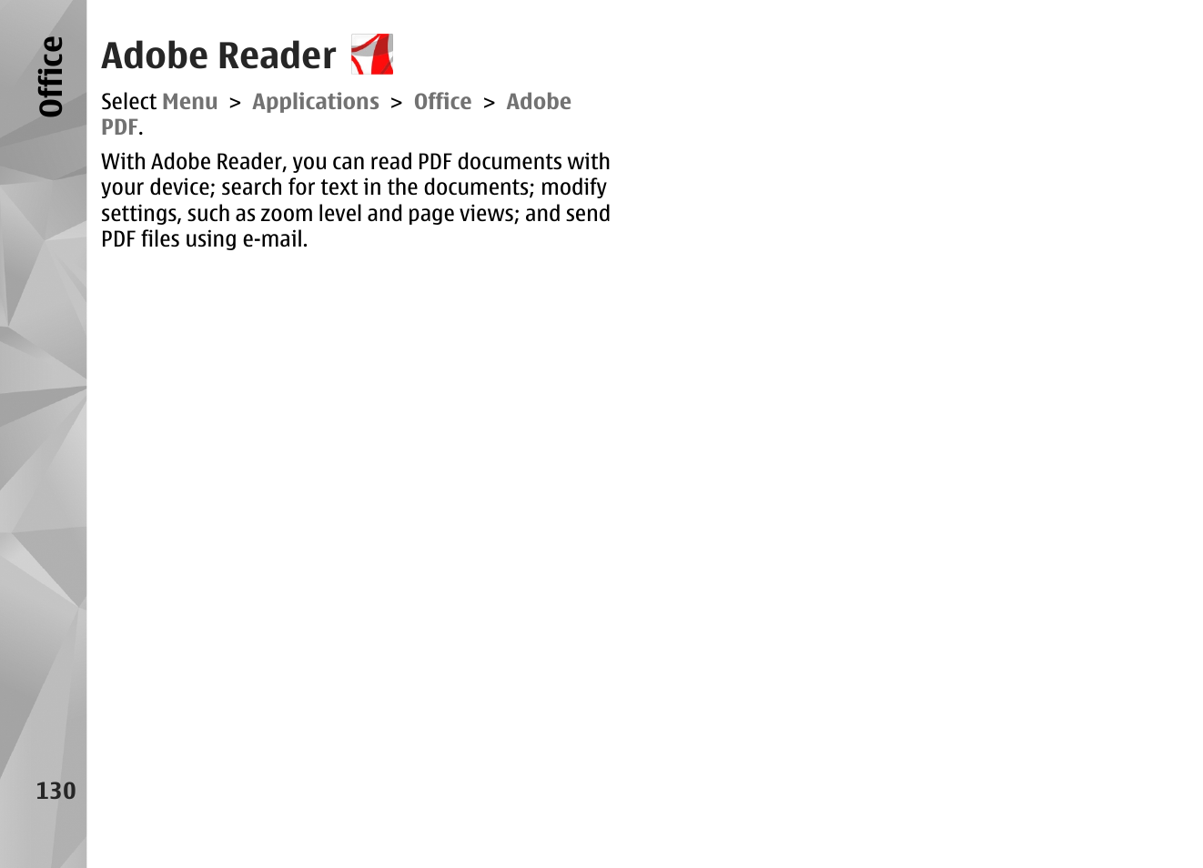 Adobe reader, Office | Nokia N86 8MP User Manual | Page 130 / 168
