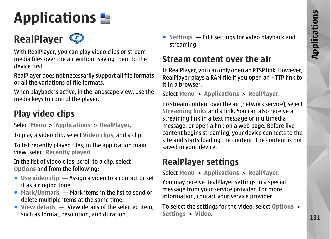 Applications, Realplayer, Play video clips | Stream content over the air, Realplayer settings, See "realplayer ," p. 131, App lication s | Nokia N86 8MP User Manual | Page 131 / 168