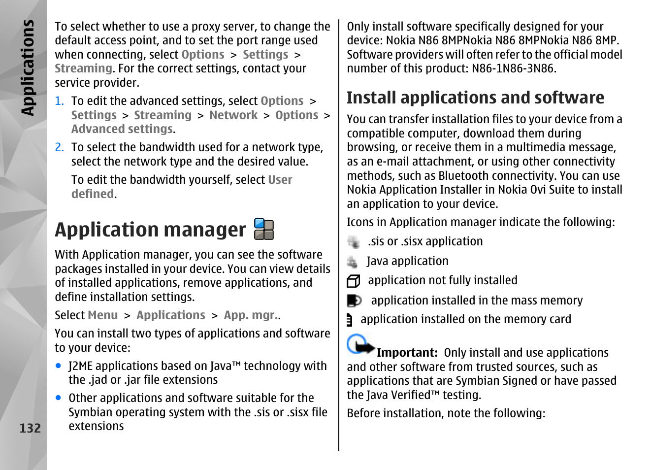 Application manager, Install applications and software, App lication s | Nokia N86 8MP User Manual | Page 132 / 168
