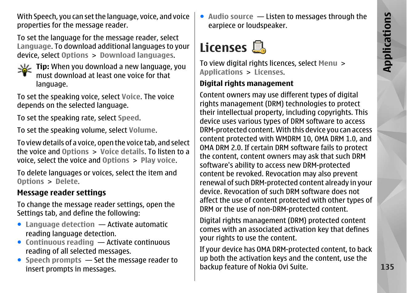 Licenses, App lication s | Nokia N86 8MP User Manual | Page 135 / 168
