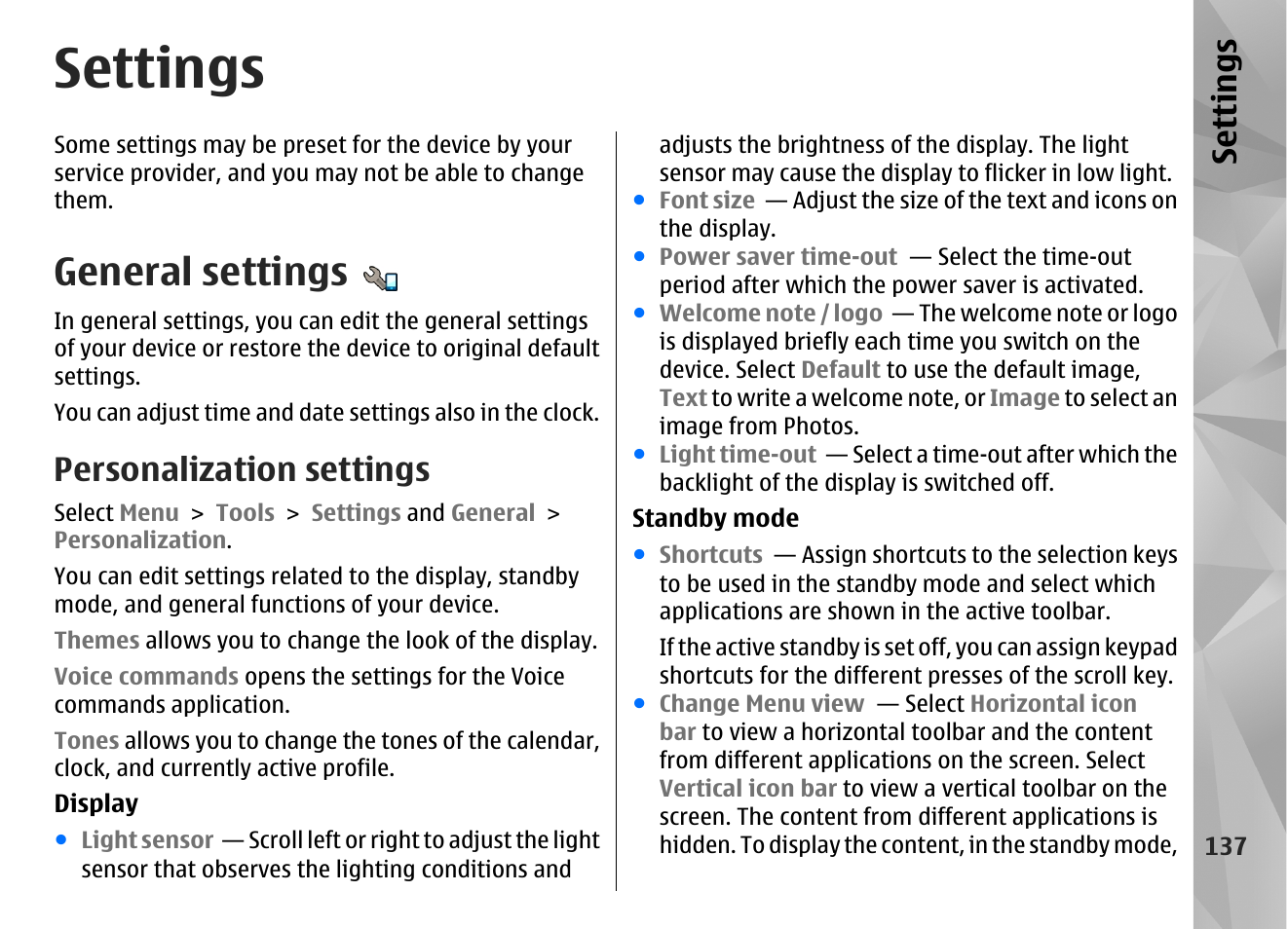 Settings, General settings, Personalization settings | Se ttings | Nokia N86 8MP User Manual | Page 137 / 168