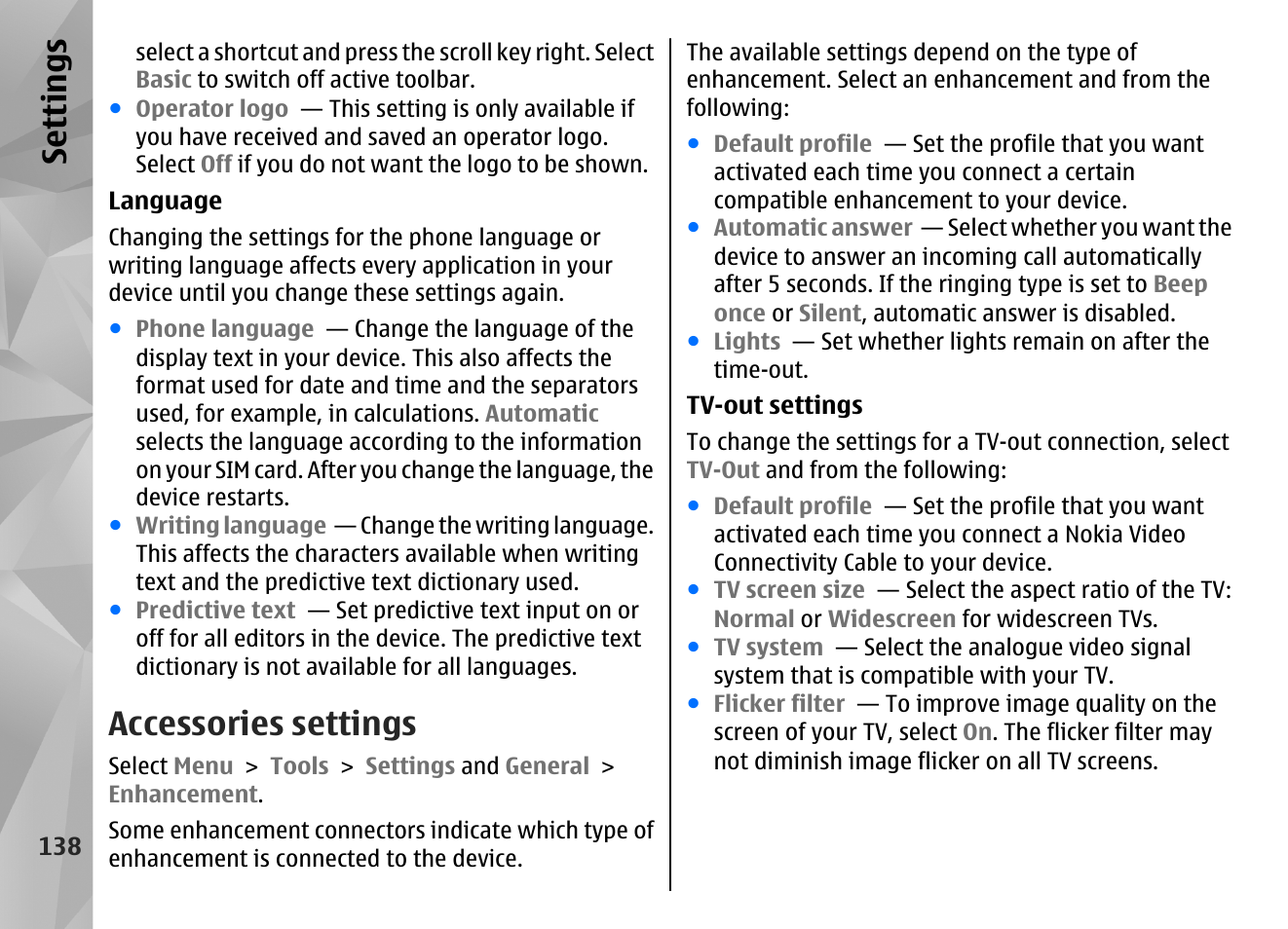 Accessories settings, Ratio, Accessories settings," p. 138 | Se ttings | Nokia N86 8MP User Manual | Page 138 / 168