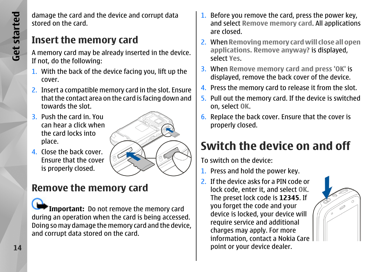 Insert the memory card, Remove the memory card, Switch the device on and off | Get started | Nokia N86 8MP User Manual | Page 14 / 168