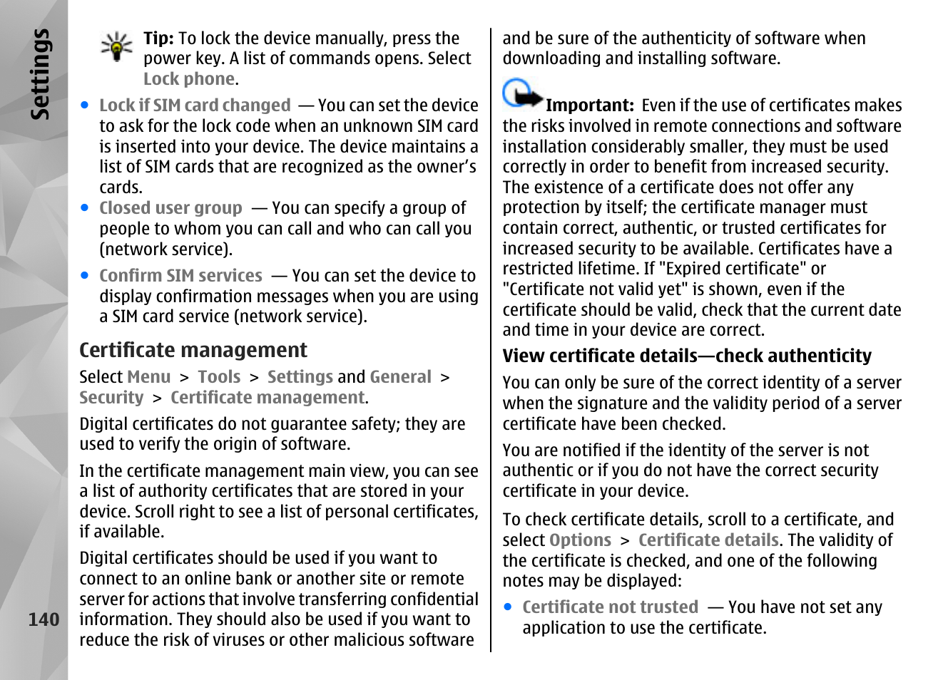 Certificate management, Se ttings | Nokia N86 8MP User Manual | Page 140 / 168