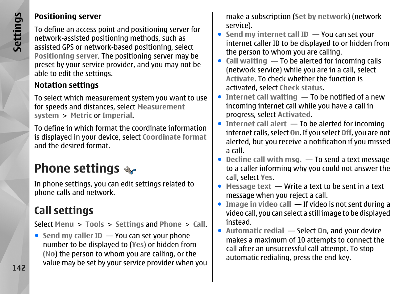 Phone settings, Call settings, Se ttings | Nokia N86 8MP User Manual | Page 142 / 168