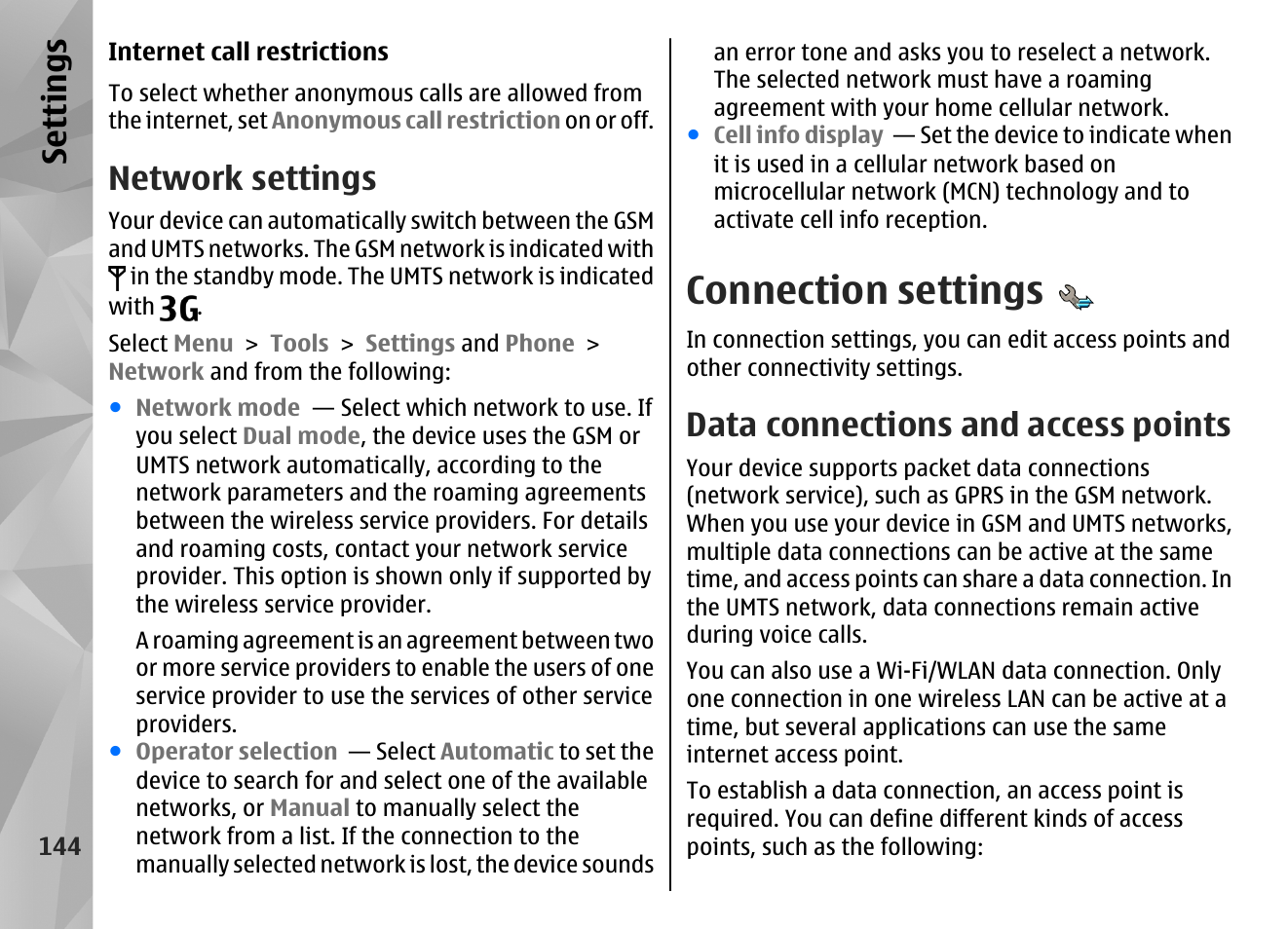 Network settings, Connection settings, Data connections and access points | Se ttings | Nokia N86 8MP User Manual | Page 144 / 168