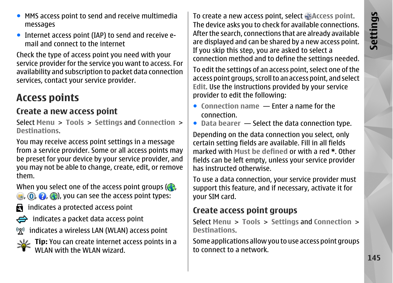 Access points, Create a new access point, Create access point groups | Se ttings | Nokia N86 8MP User Manual | Page 145 / 168