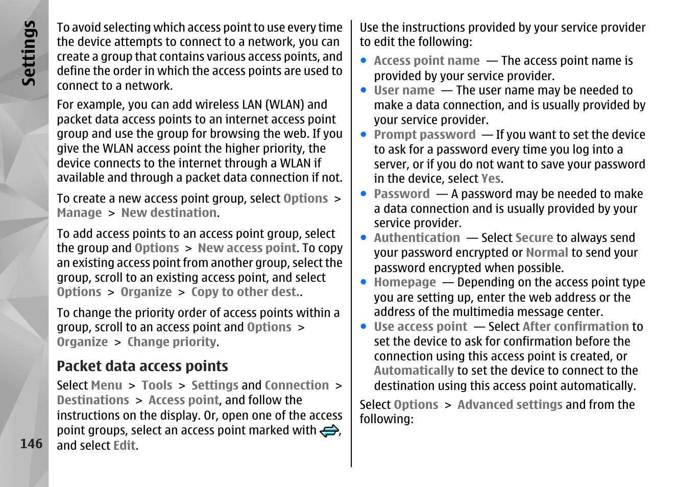 Packet data access points, Se ttings | Nokia N86 8MP User Manual | Page 146 / 168
