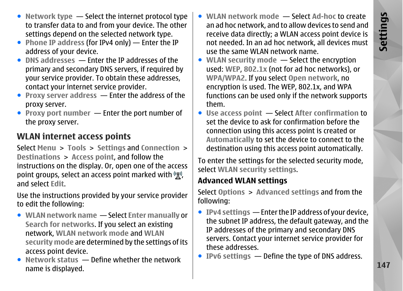 Wlan internet access points, Se ttings | Nokia N86 8MP User Manual | Page 147 / 168