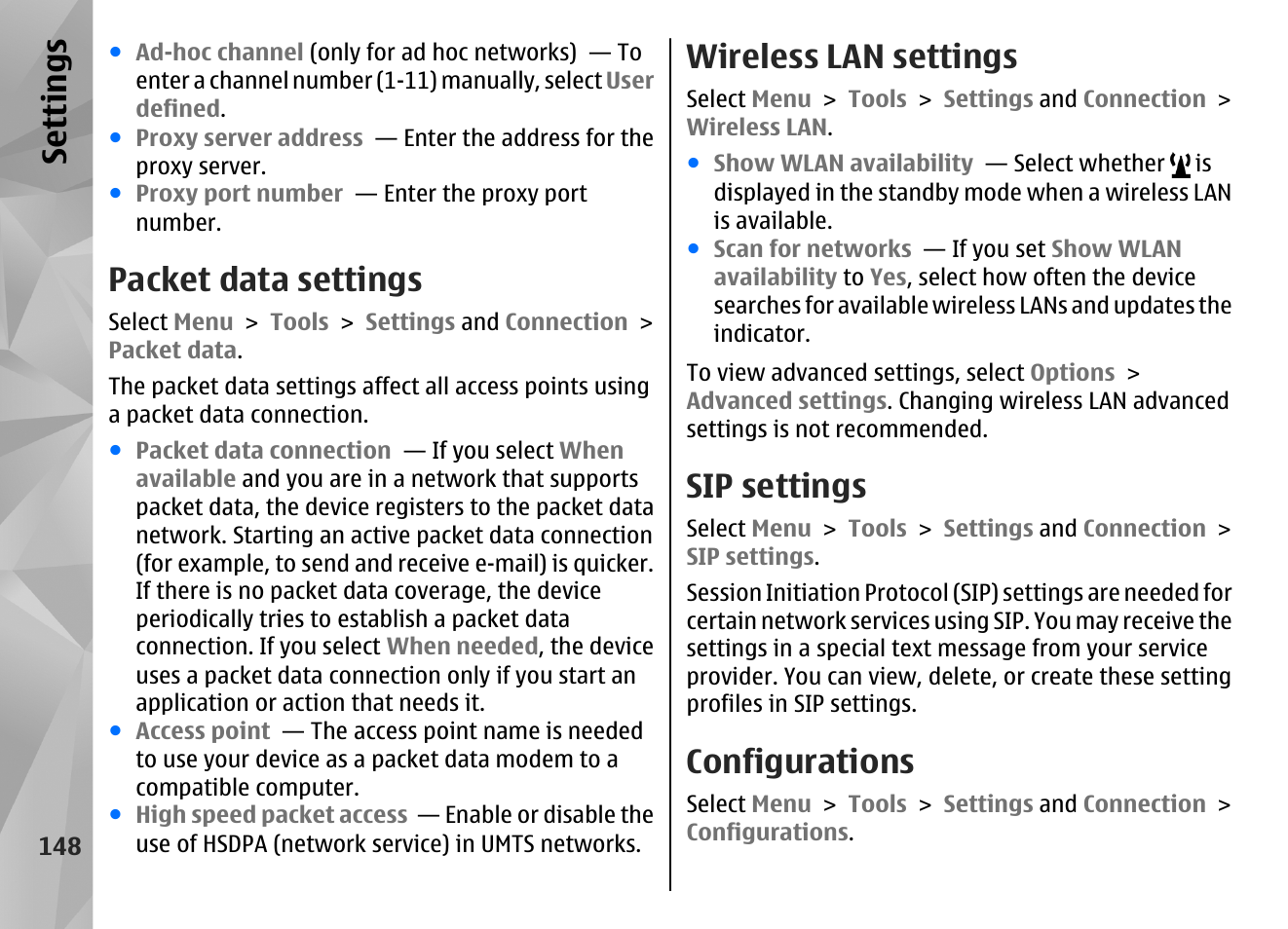 Packet data settings, Wireless lan settings, Sip settings | Configurations, Se ttings | Nokia N86 8MP User Manual | Page 148 / 168