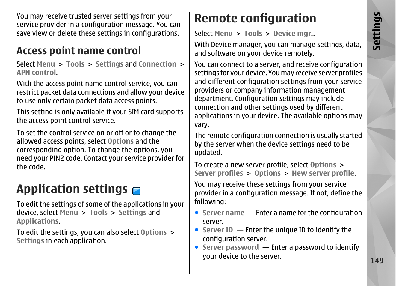 Access point name control, Application settings, Remote configuration | Se ttings | Nokia N86 8MP User Manual | Page 149 / 168
