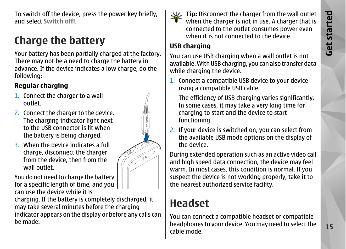 Charge the battery, Headset, Get started | Nokia N86 8MP User Manual | Page 15 / 168
