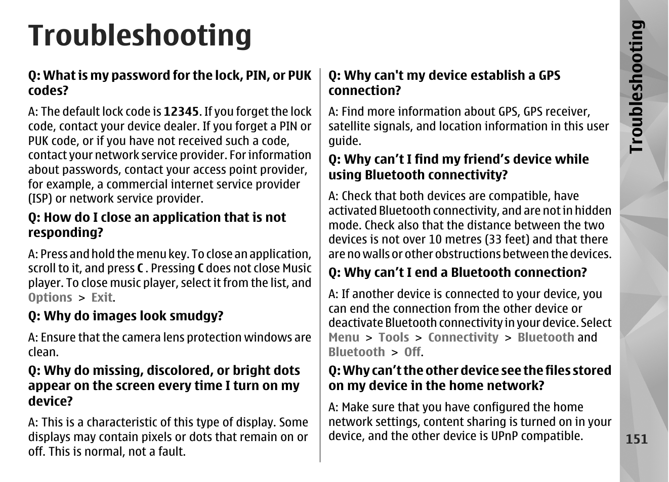 Troubleshooting, Troubl es hooti ng | Nokia N86 8MP User Manual | Page 151 / 168