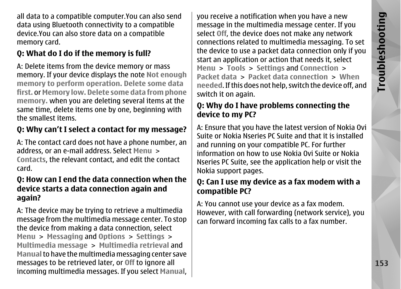 Troubl es hooti ng | Nokia N86 8MP User Manual | Page 153 / 168