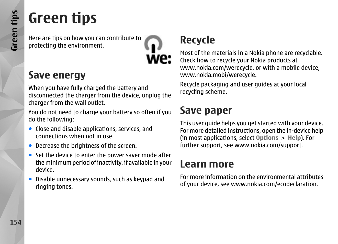 Green tips, Save energy, Recycle | Save paper, Learn more | Nokia N86 8MP User Manual | Page 154 / 168