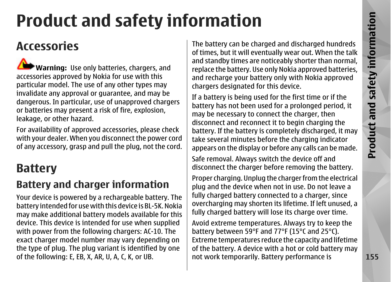 Product and safety information, Accessories, Battery | Battery and charger information | Nokia N86 8MP User Manual | Page 155 / 168