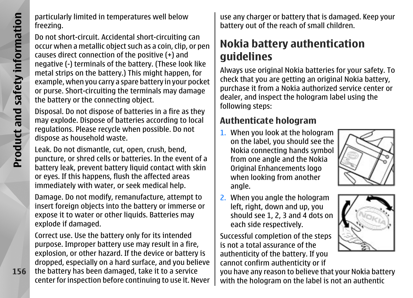 Nokia battery authentication guidelines, Authenticate hologram, Product and safety information | Nokia N86 8MP User Manual | Page 156 / 168