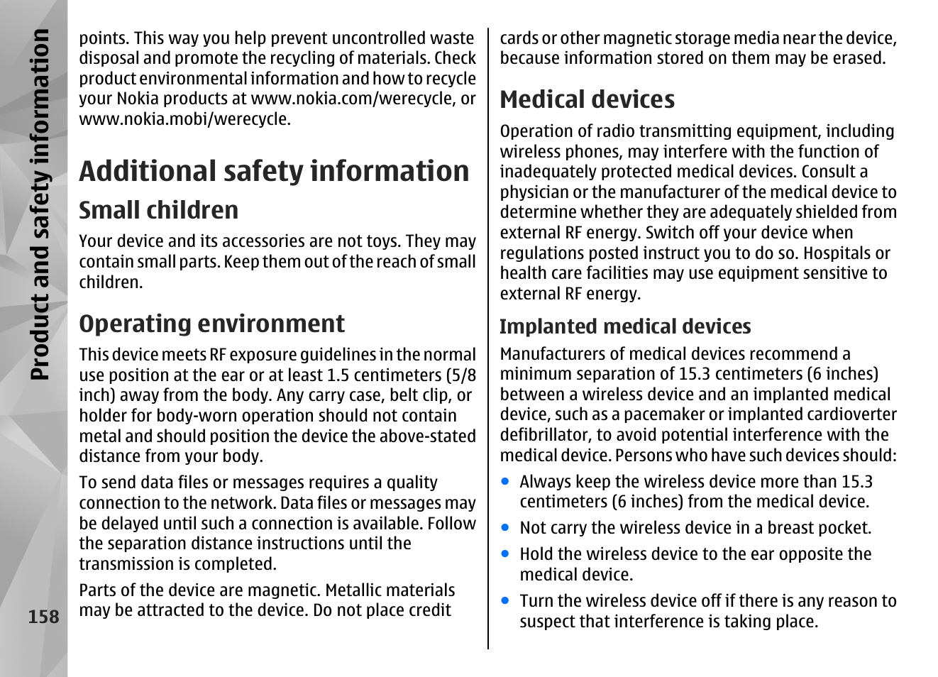 Additional safety information, Small children, Operating environment | Medical devices, Implanted medical devices, Product and safety information | Nokia N86 8MP User Manual | Page 158 / 168