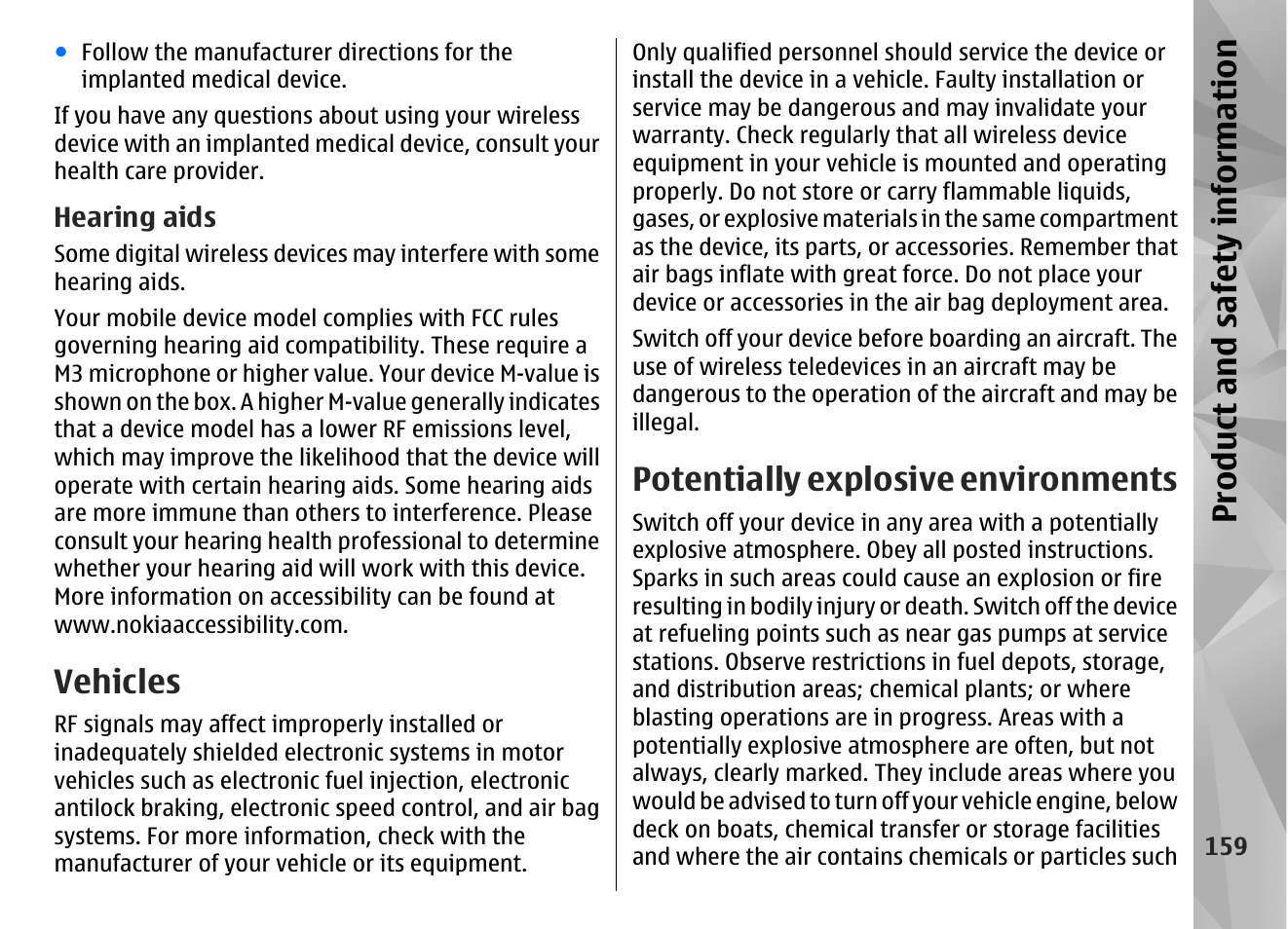 Hearing aids, Vehicles, Potentially explosive environments | Product and safety information | Nokia N86 8MP User Manual | Page 159 / 168
