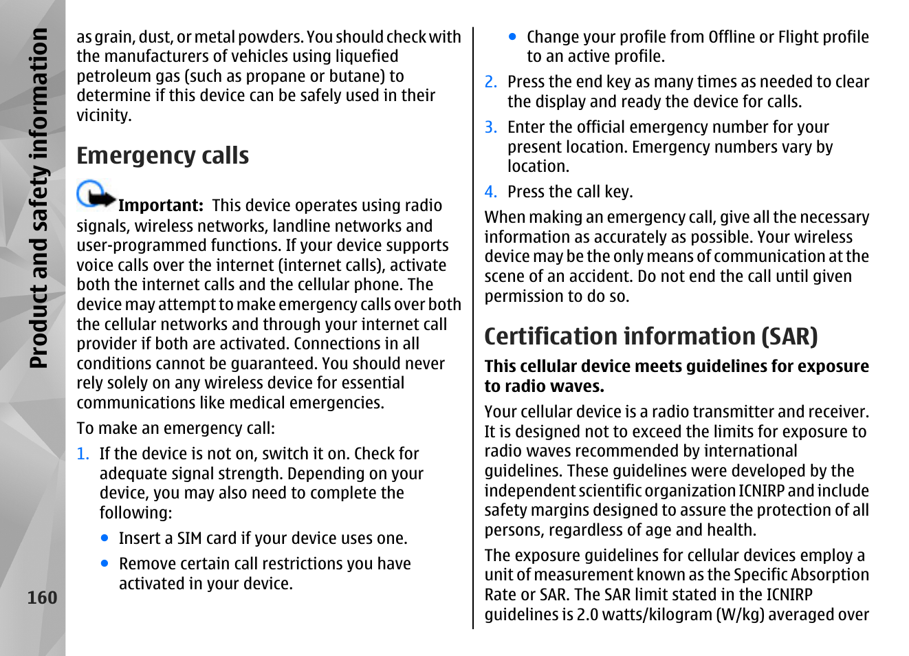 Emergency calls, Certification information (sar), Product and safety information | Nokia N86 8MP User Manual | Page 160 / 168