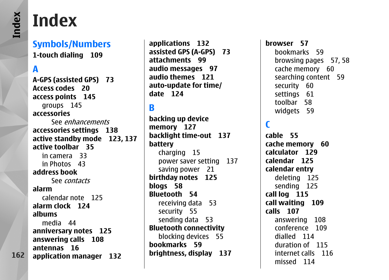 Index, Symbols/numbers | Nokia N86 8MP User Manual | Page 162 / 168