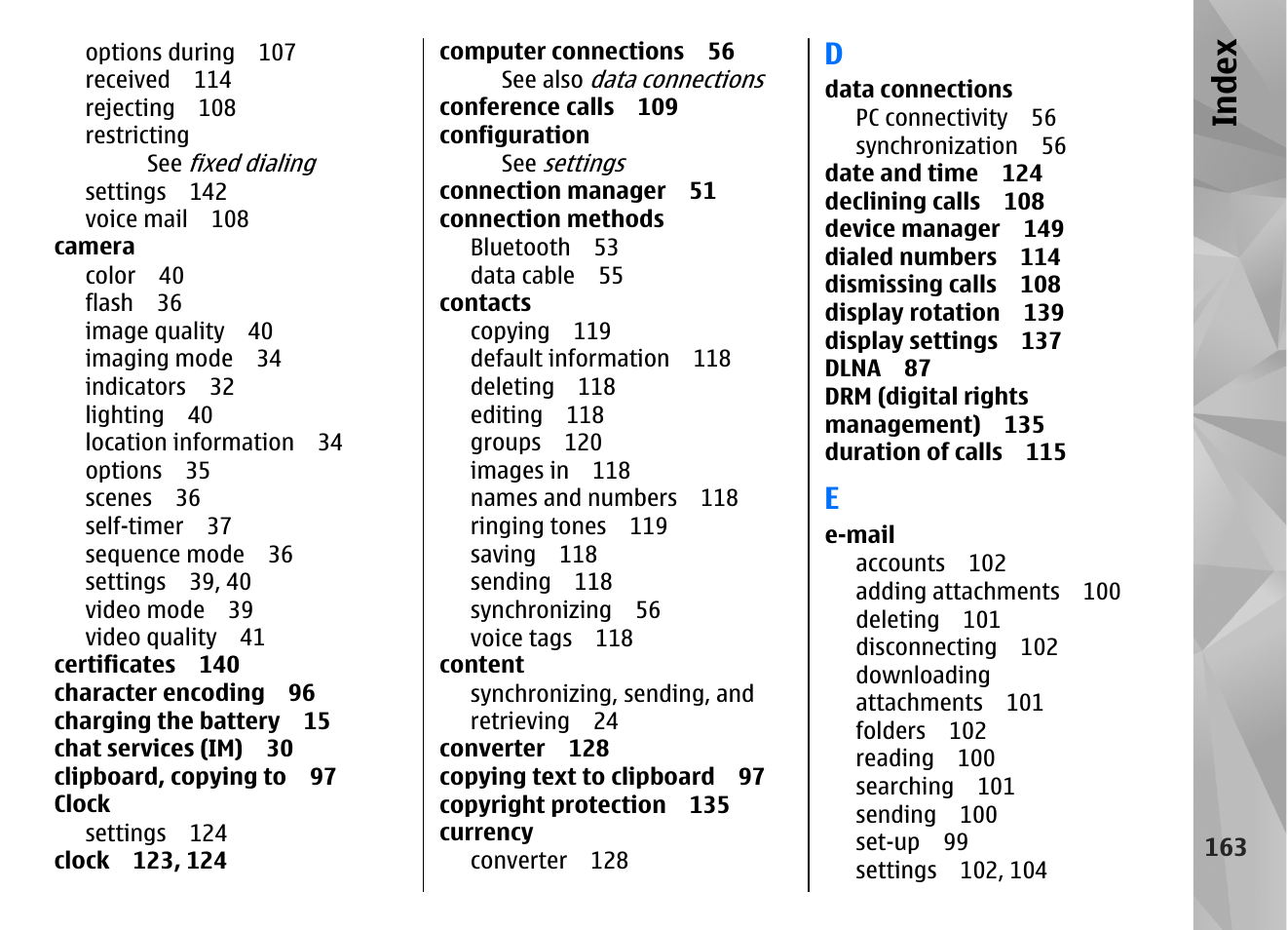 Index | Nokia N86 8MP User Manual | Page 163 / 168