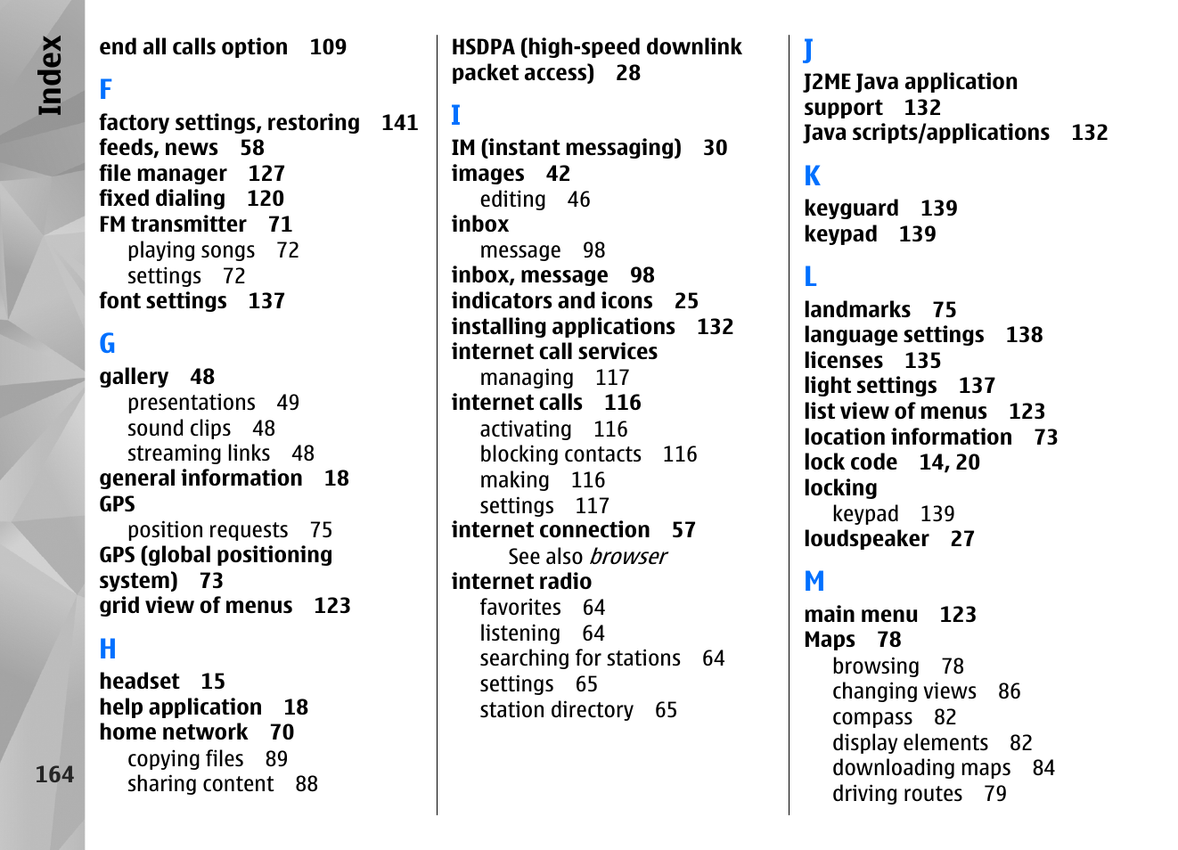 Index | Nokia N86 8MP User Manual | Page 164 / 168
