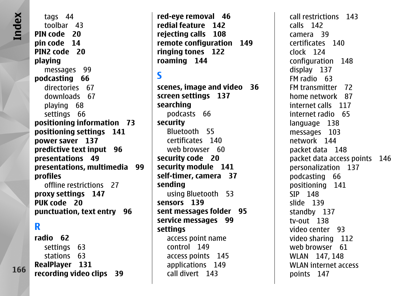 Index | Nokia N86 8MP User Manual | Page 166 / 168