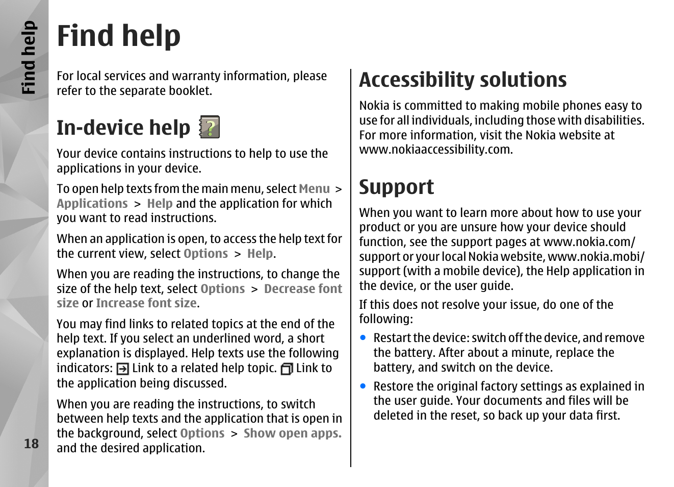 Find help, In-device help, Accessibility solutions | Support, Find hel p | Nokia N86 8MP User Manual | Page 18 / 168