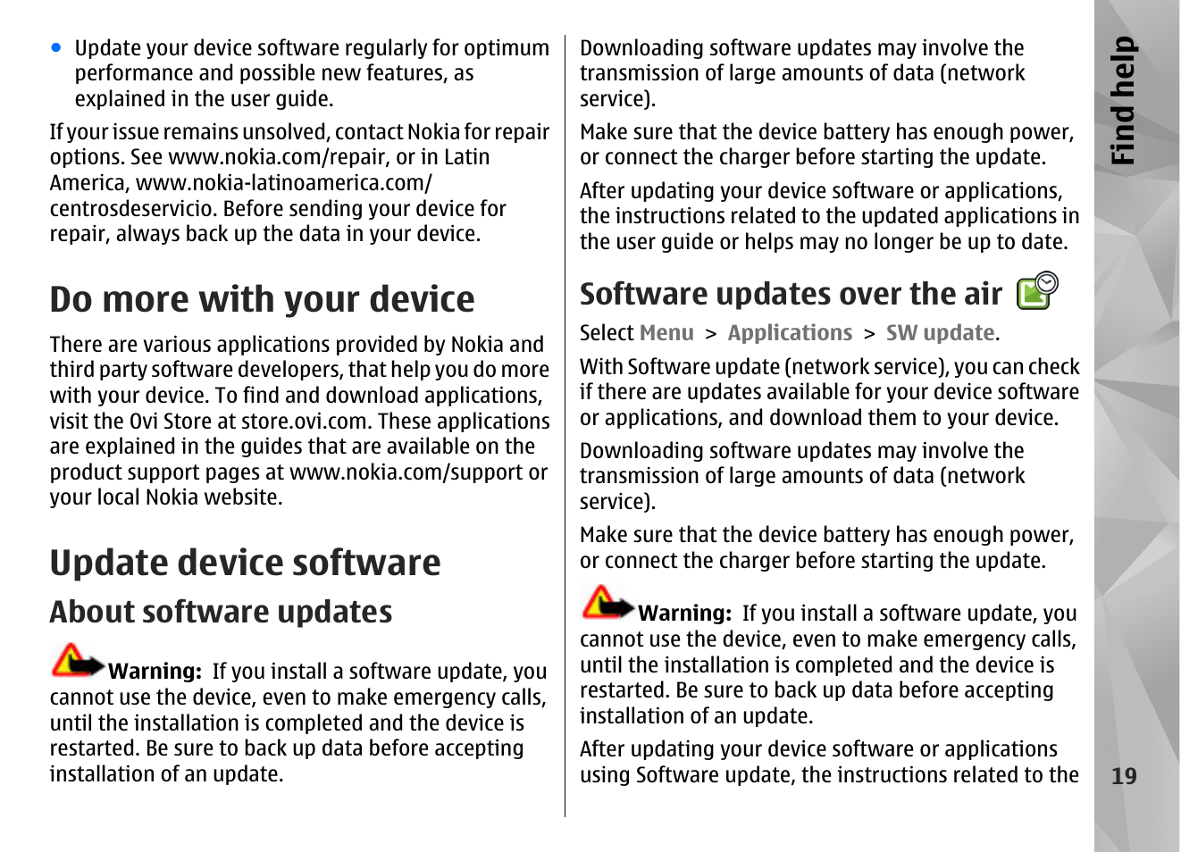 Do more with your device, Update device software, About software updates | Software updates over the air, Find hel p | Nokia N86 8MP User Manual | Page 19 / 168