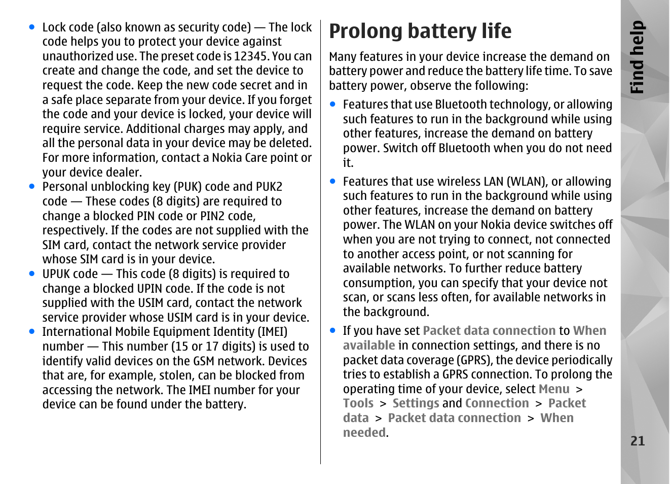 Prolong battery life, Find hel p | Nokia N86 8MP User Manual | Page 21 / 168