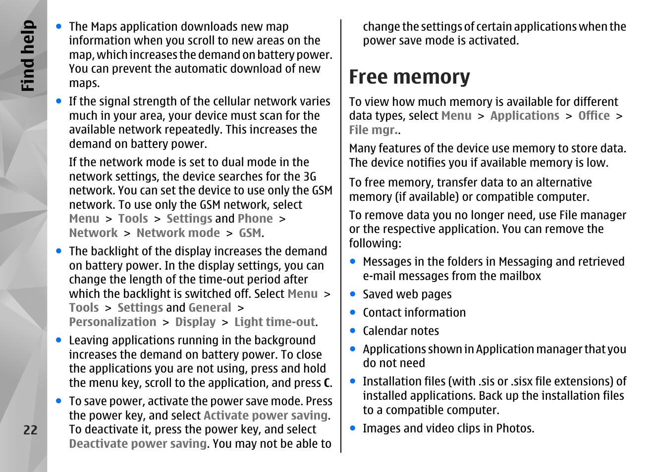 Free memory, Find hel p | Nokia N86 8MP User Manual | Page 22 / 168